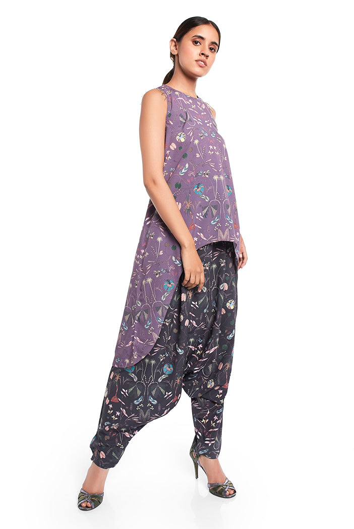 Eggplant Colour Printed Art Crepe High-Low Kurta with Black Colour Printed Art Crepe Low Crotch Pant