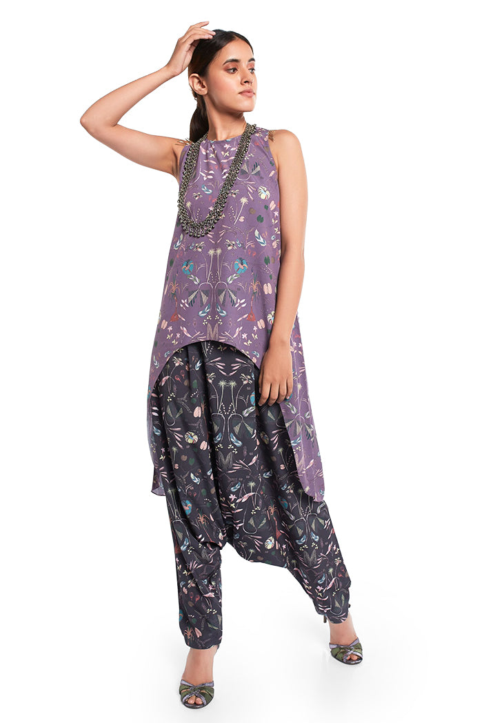 Eggplant Colour Printed Art Crepe High-Low Kurta with Black Colour Printed Art Crepe Low Crotch Pant