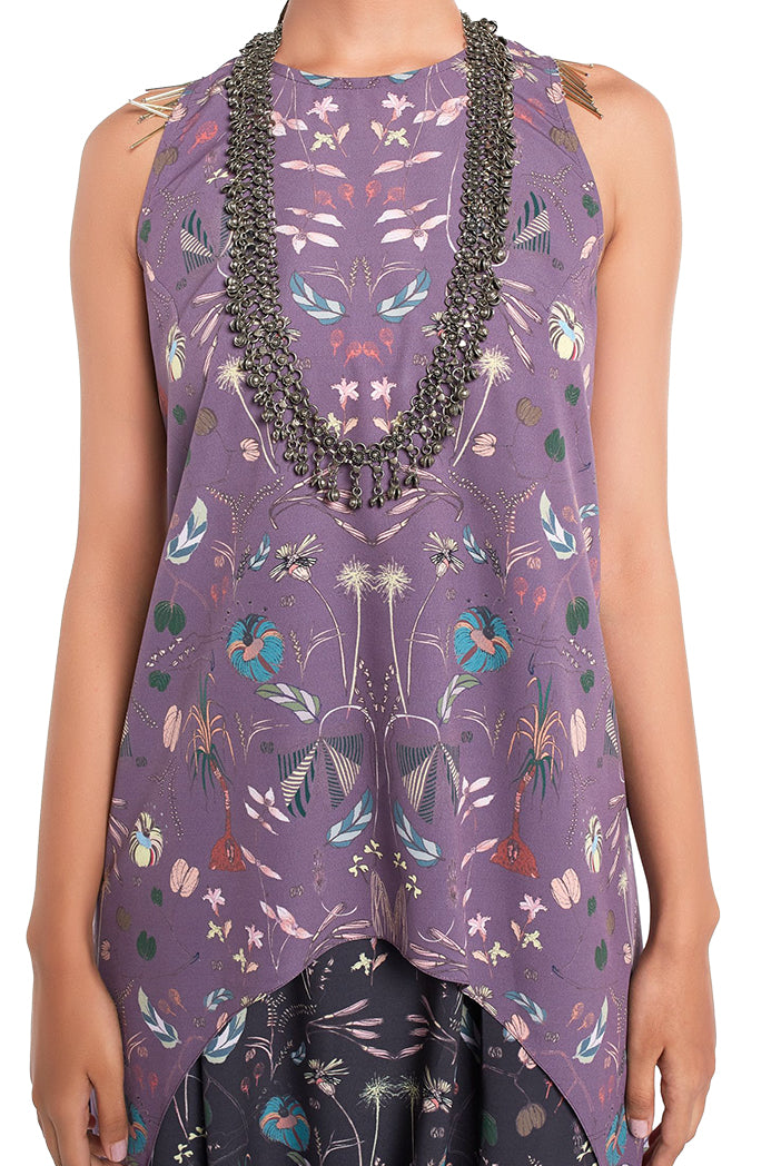 Eggplant Colour Printed Art Crepe High-Low Kurta with Black Colour Printed Art Crepe Low Crotch Pant