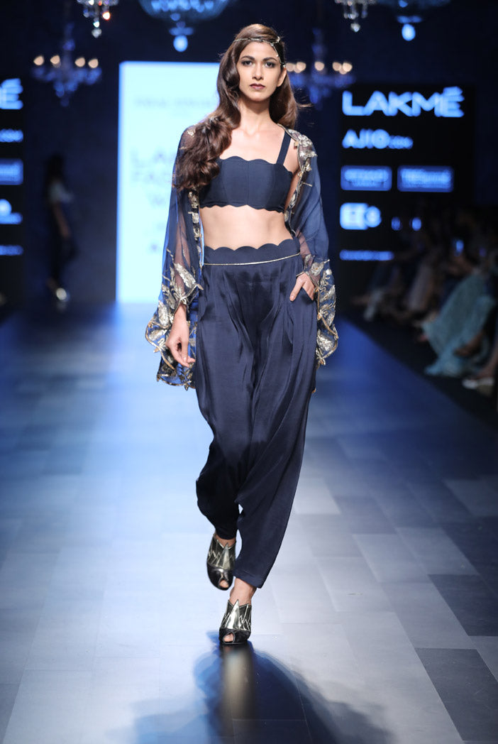 Leyla Navy Silk Bustier and low Crotch pant with Organza Cape