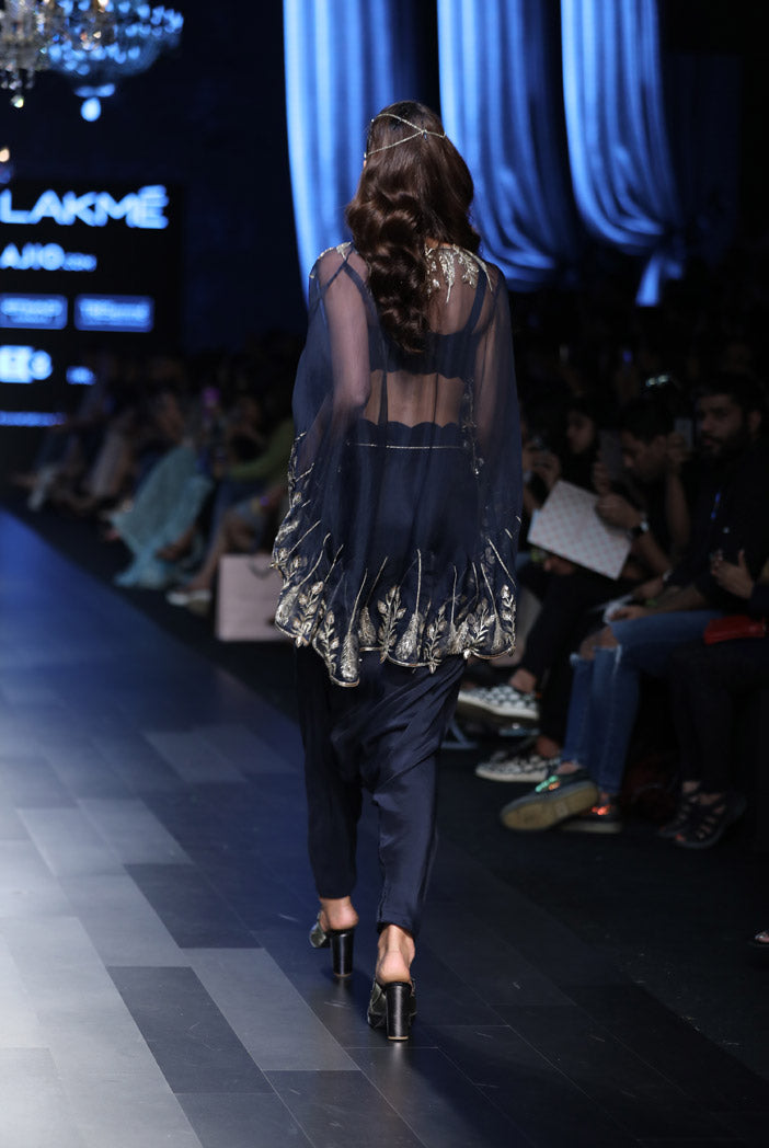 Leyla Navy Silk Bustier and low Crotch pant with Organza Cape