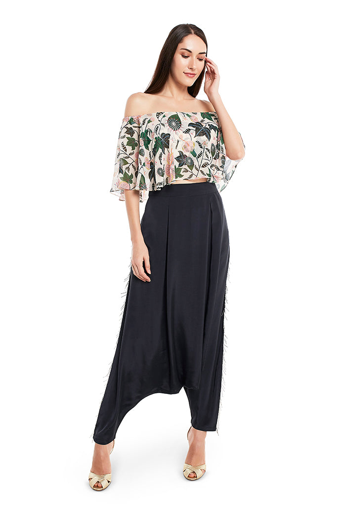 White Colour Printed Art Georgette Off Shoulder Ruffle Top with Black Colour Art Crepe Low Crotch Pant