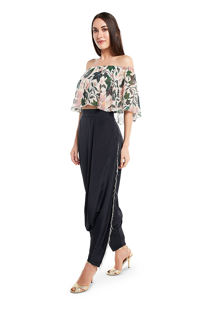White Colour Printed Art Georgette Off Shoulder Ruffle Top with Black Colour Art Crepe Low Crotch Pant