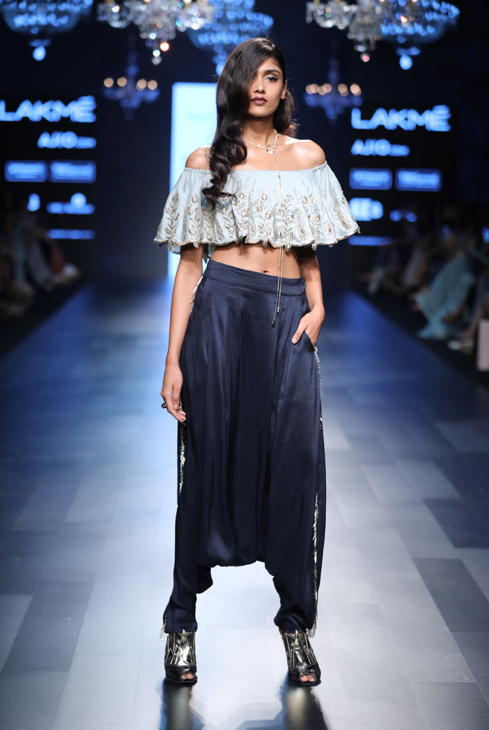 Zena Powder Blue Silk Ruffle Off-Shoulder Top with Navy Silk Low Crotch Pant