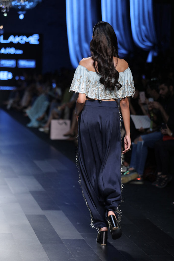 Zena Powder Blue Silk Ruffle Off-Shoulder Top with Navy Silk Low Crotch Pant