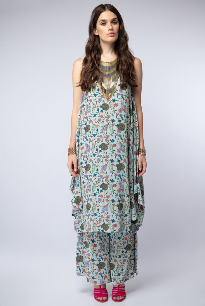 Powder Blue Printed Crepe Cowl Kurta with Palazzo Pant