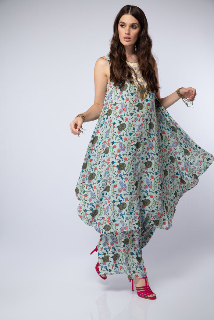 Powder Blue Printed Crepe Cowl Kurta with Palazzo Pant