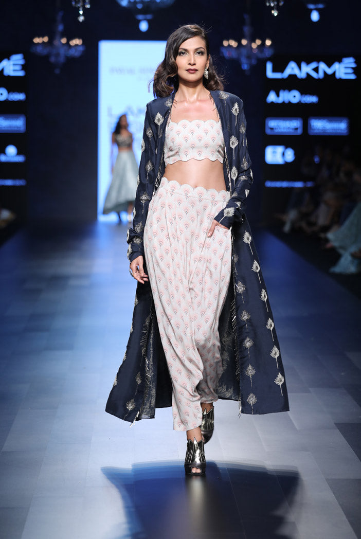 Kris Blush Printed Crepe Bustier and low Crotch pant with Navy Silk Duster Jacket