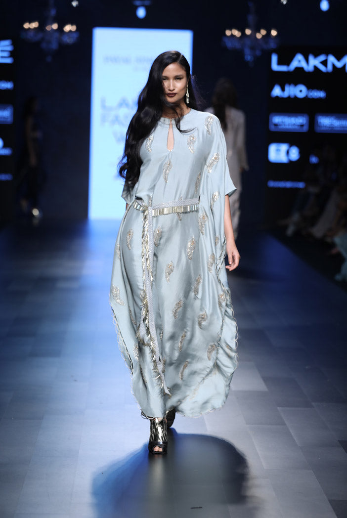 Sumiya Powder Blue Silk Kaftan with Mukaish Georgette Waist Belt