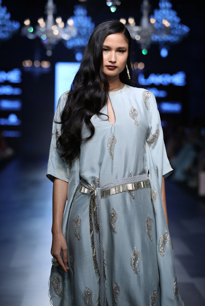 Sumiya Powder Blue Silk Kaftan with Mukaish Georgette Waist Belt