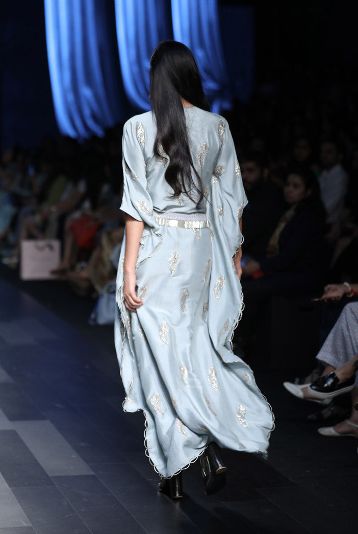 Sumiya Powder Blue Silk Kaftan with Mukaish Georgette Waist Belt