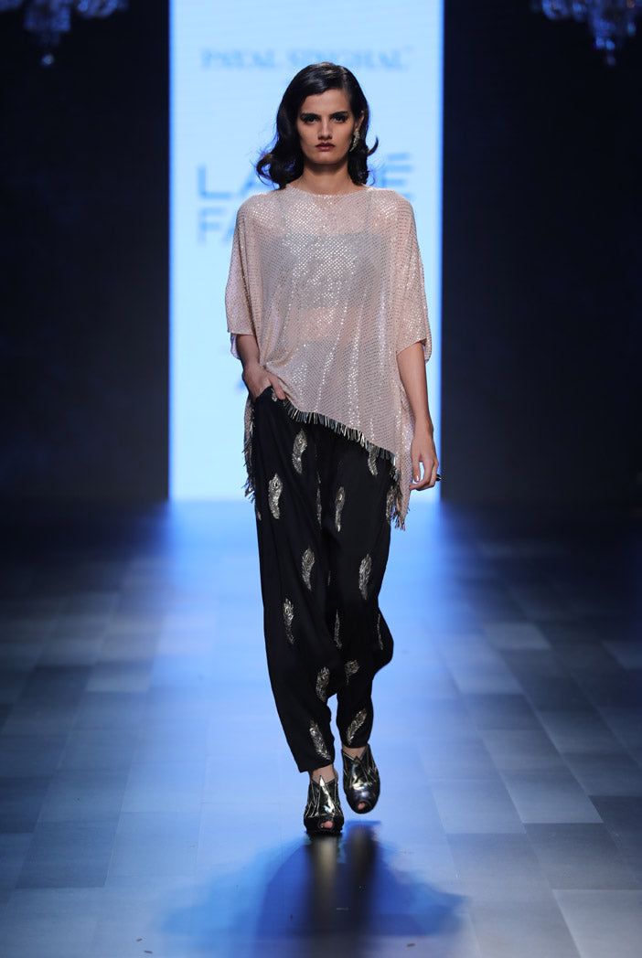 Maliya Blush Mukaish Georgette Tunic with Black Silk Bustier and Low Crotch Pant