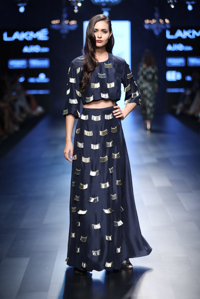 Cher Navy Silk Crop Top with Overlap Palazzo