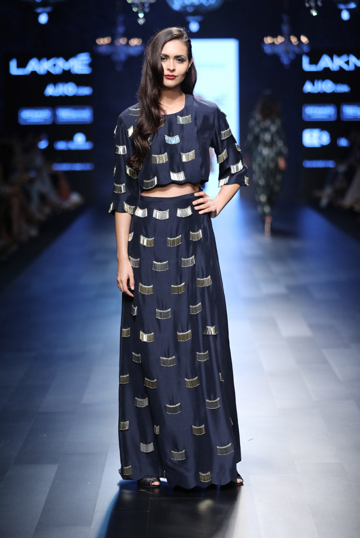 Cher Navy Silk Crop Top with Overlap Palazzo