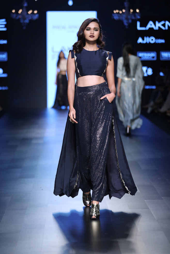 Mara Navy Silk Cropped Anarkali with Mukaish Georgette Low Crotch Pant