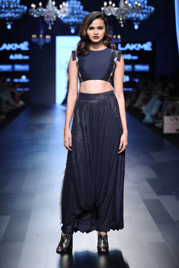 Mara Navy Silk Cropped Anarkali with Mukaish Georgette Low Crotch Pant