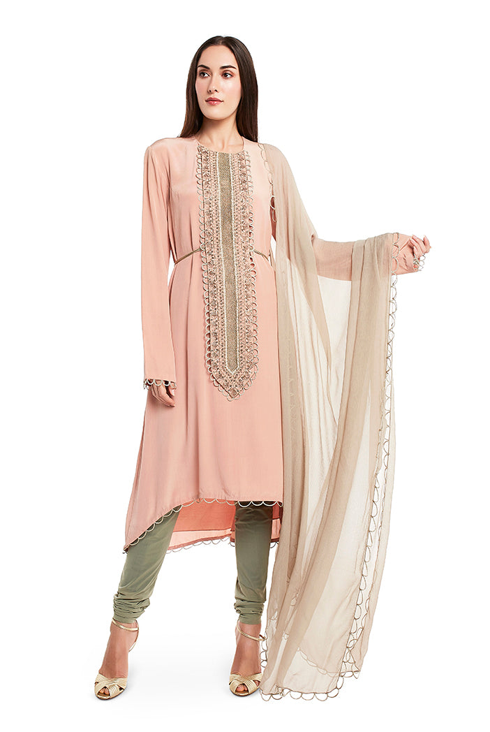 Blush Colour Crepe High-Low Kurta with Mint Colour Soft Net Churidar and Chiffon Dupatta