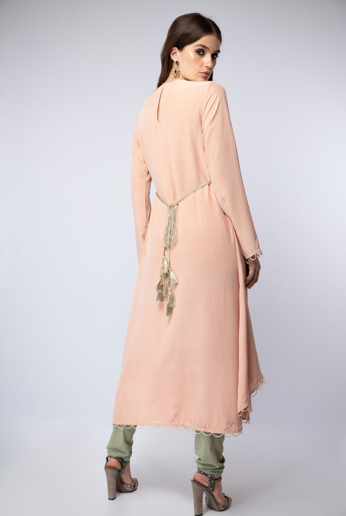 Blush Colour Crepe High-Low Kurta with Mint Colour Soft Net Churidar and Chiffon Dupatta