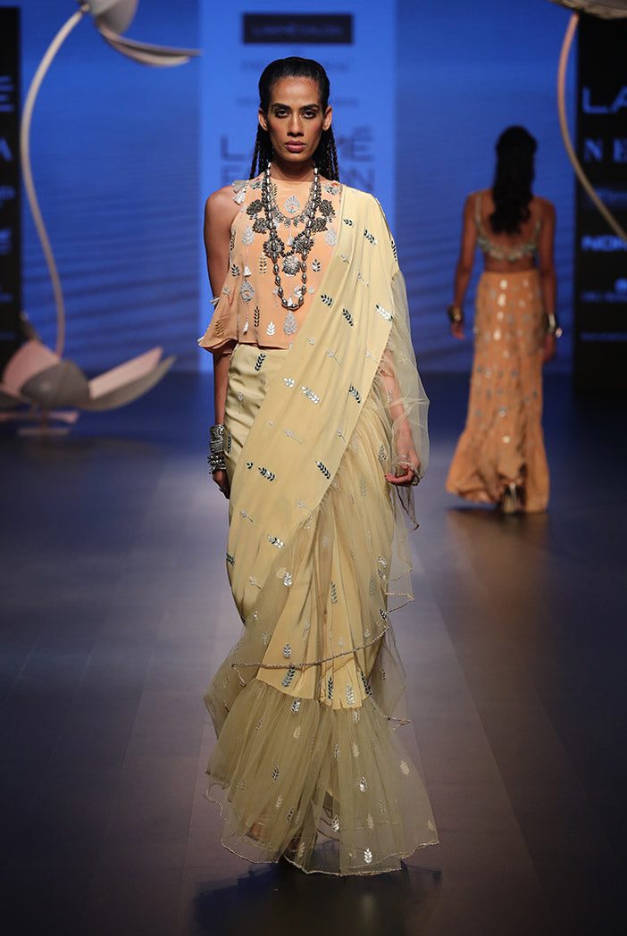 Sabiya Peach Crepe Top with Pale Yellow Crepe and Net Frill Saree