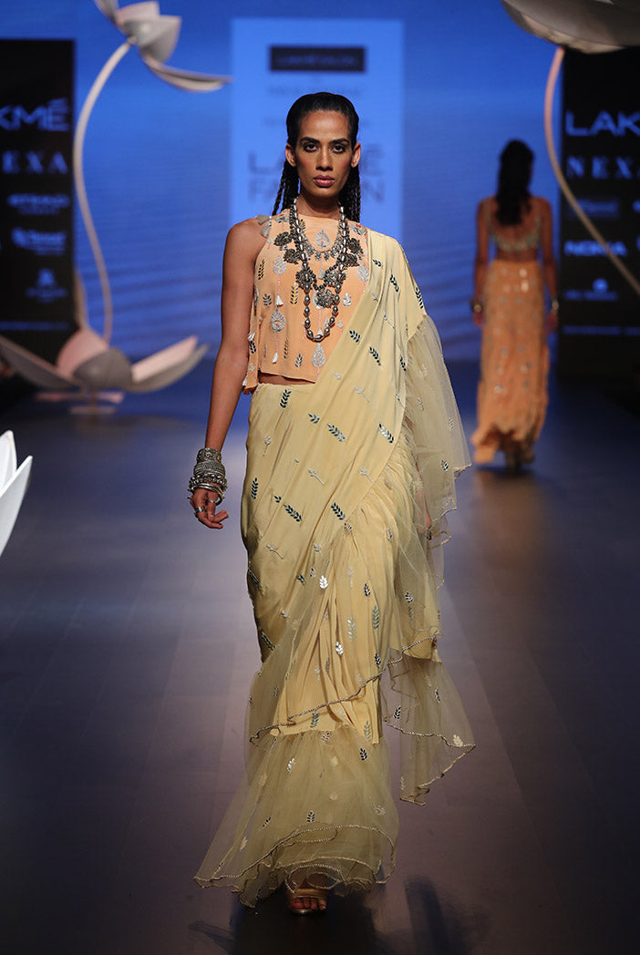 Sabiya Peach Crepe Top with Pale Yellow Crepe and Net Frill Saree