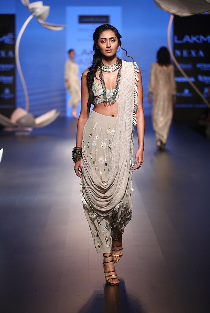 Milana Grey Crepe Choli with Low Crotch Pant and attached Drape