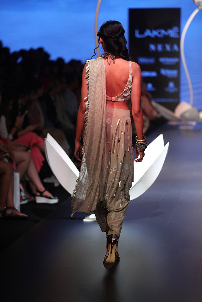 Milana Grey Crepe Choli with Low Crotch Pant and attached Drape