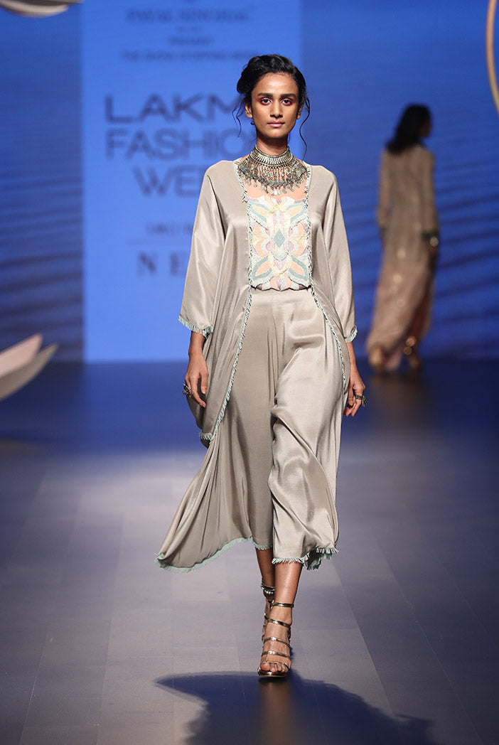 Seyda Grey Silk Kaftan Top with Cowl Pant