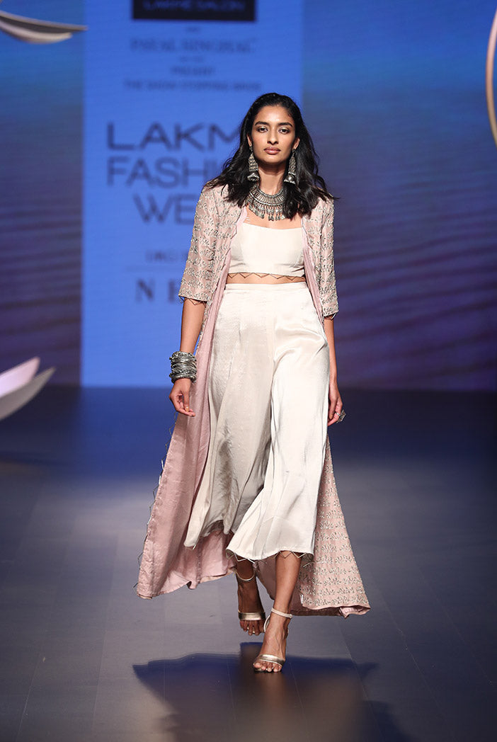 Ayla Rose Pink Silk Jacket with Stone Silk Bustier and Culottes Pant