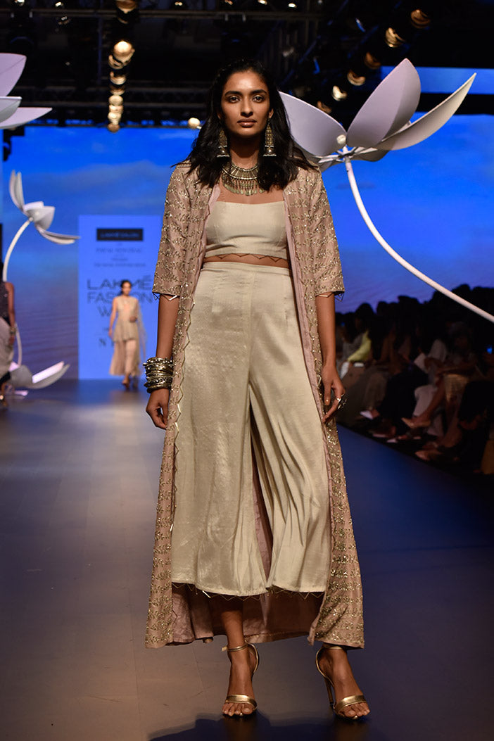 Ayla Rose Pink Silk Jacket with Stone Silk Bustier and Culottes Pant