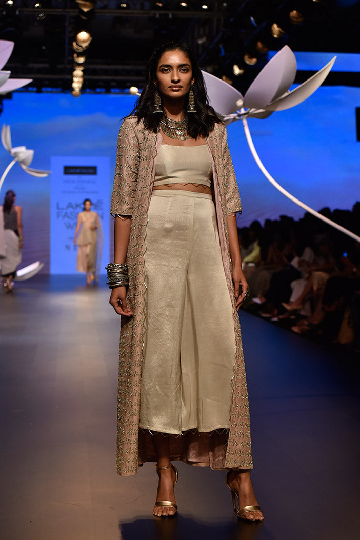 Ayla Rose Pink Silk Jacket with Stone Silk Bustier and Culottes Pant