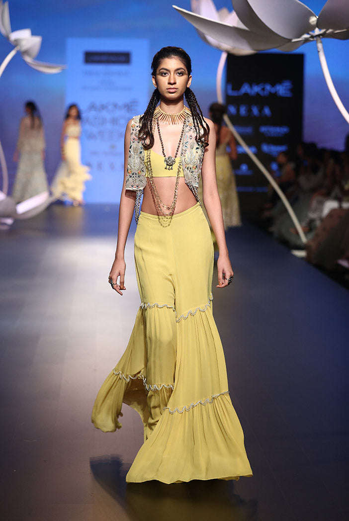 Verda Stone Organza Jacket with Lime Green Georgette Bustier and Sharara Pant
