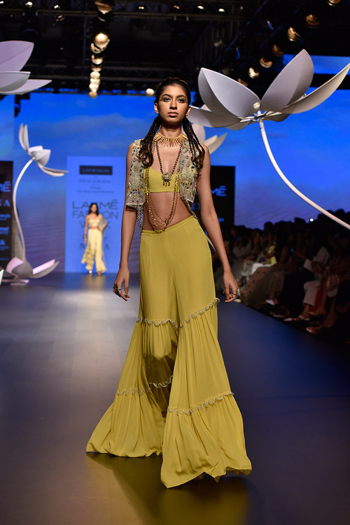 Verda Stone Organza Jacket with Lime Green Georgette Bustier and Sharara Pant