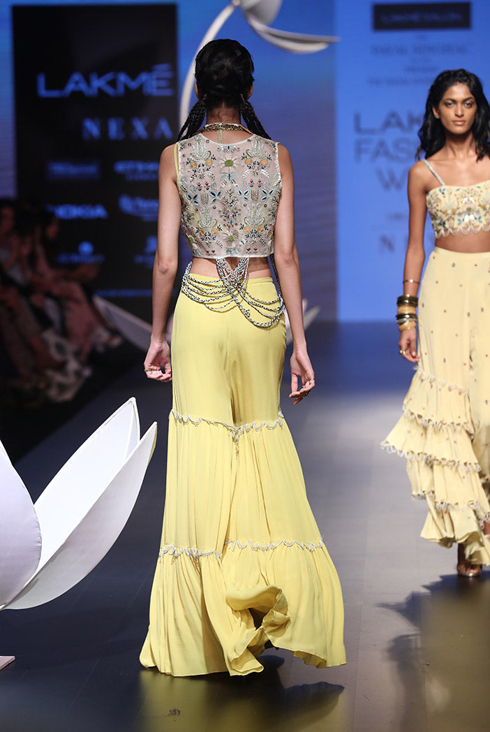 Verda Stone Organza Jacket with Lime Green Georgette Bustier and Sharara Pant