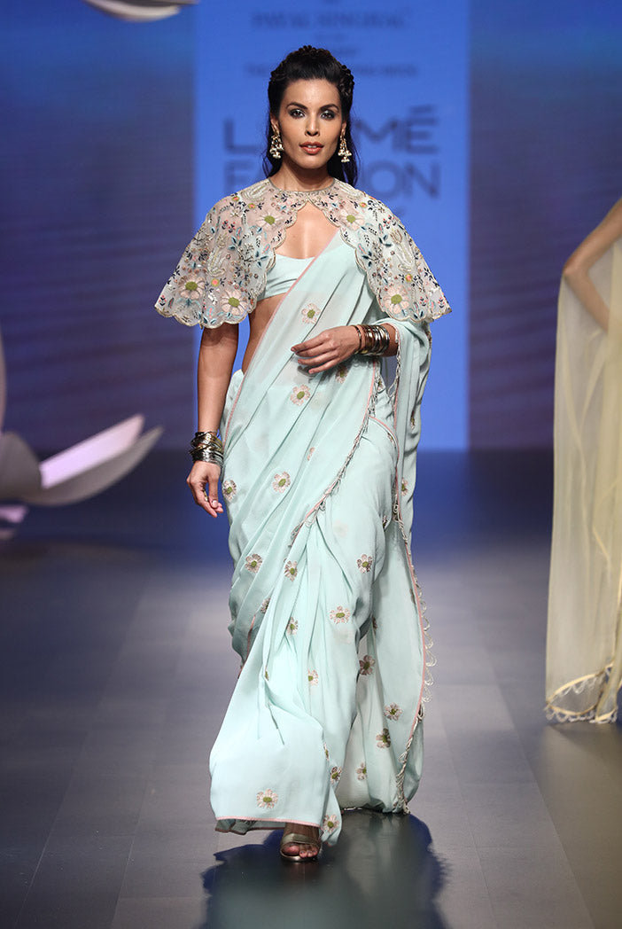 Nesrin Ice Blue Crepe Bustier with Georgette Saree and Stone Organza Cape