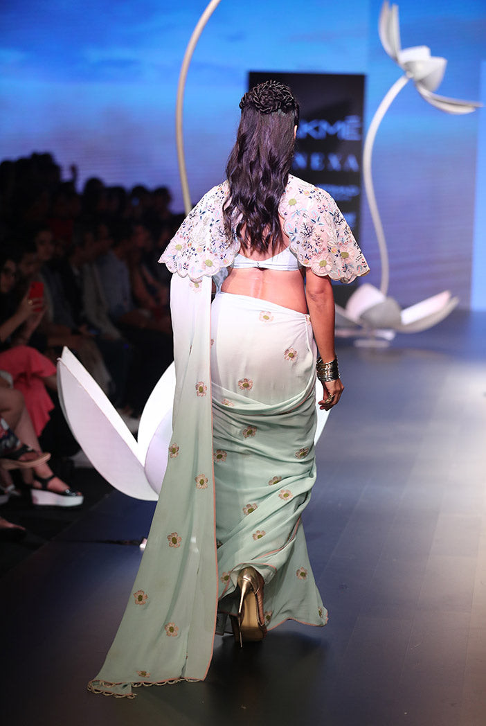 Nesrin Ice Blue Crepe Bustier with Georgette Saree and Stone Organza Cape