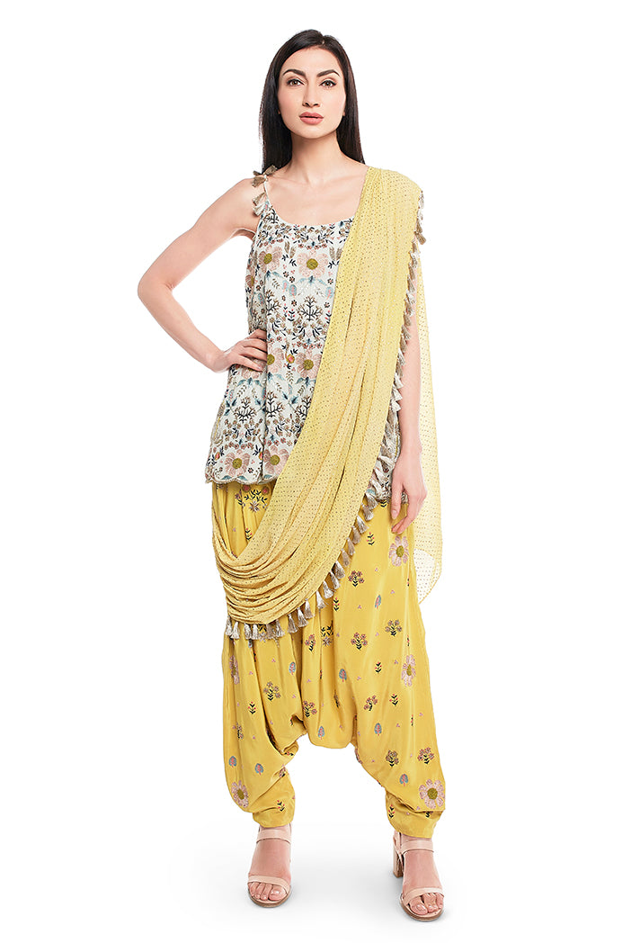 Ice Blue Georgette Short Anarkali with Lime Green Crepe Low Ctotch Pant and attached Mukaish Georgette Drape Dupatta