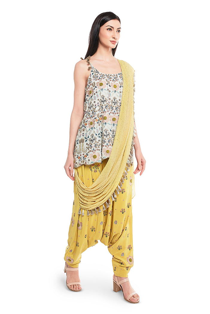 Ice Blue Georgette Short Anarkali with Lime Green Crepe Low Ctotch Pant and attached Mukaish Georgette Drape Dupatta