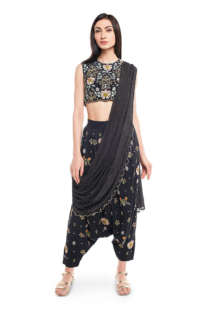 Black Crepe Choli and Low Crotch Pant with attached Mukaish Georgette Drape Dupatta