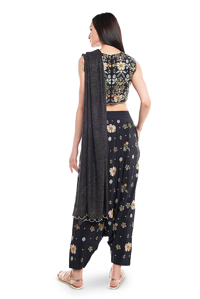 Black Crepe Choli and Low Crotch Pant with attached Mukaish Georgette Drape Dupatta