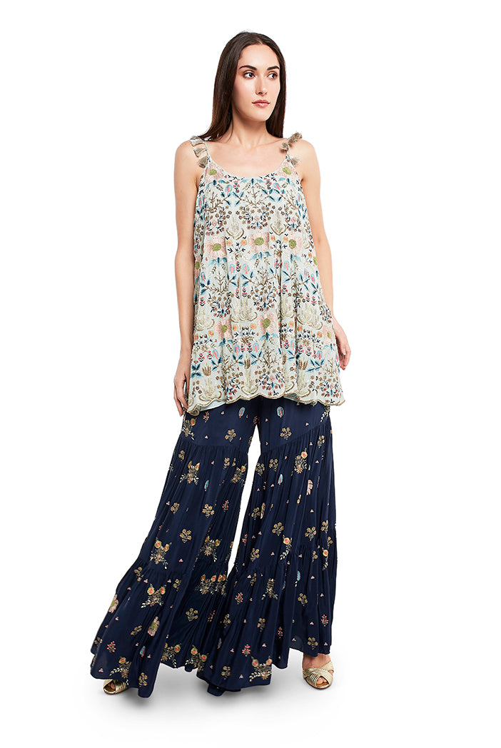 Periwinkle Blue Colour Georgette Short Kalidar with Net Dupatta and Navy Colour Crepe Sharara