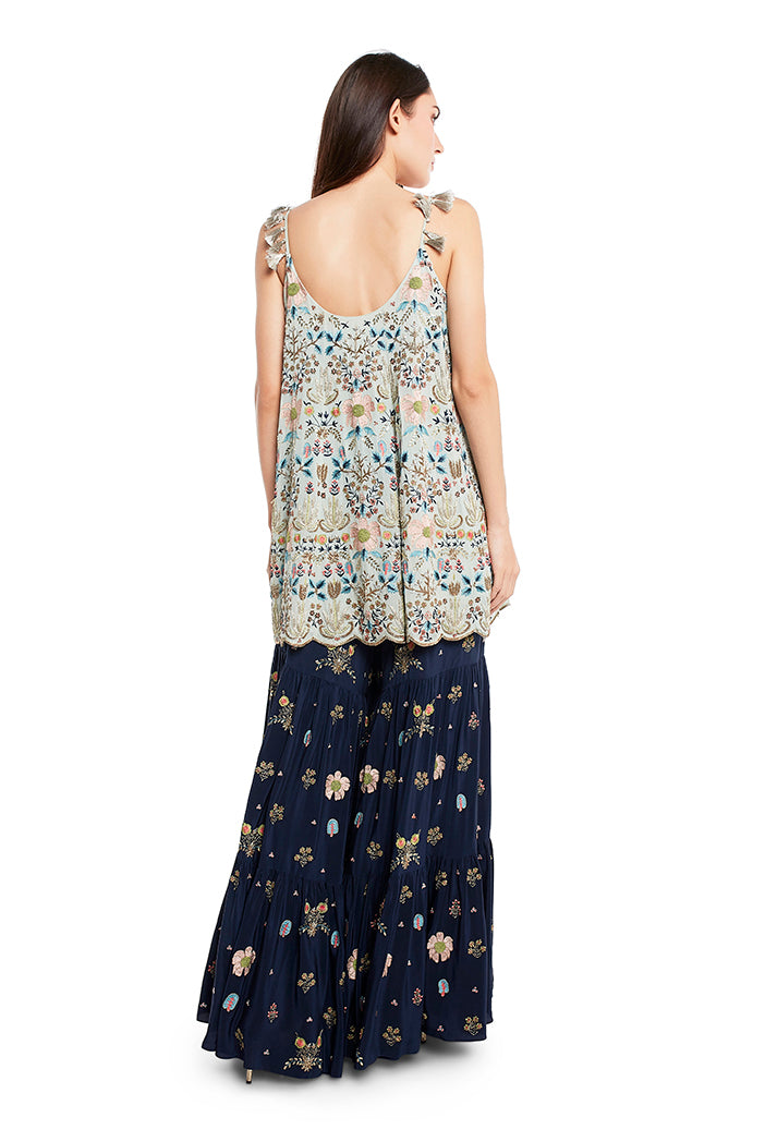 Periwinkle Blue Colour Georgette Short Kalidar with Net Dupatta and Navy Colour Crepe Sharara