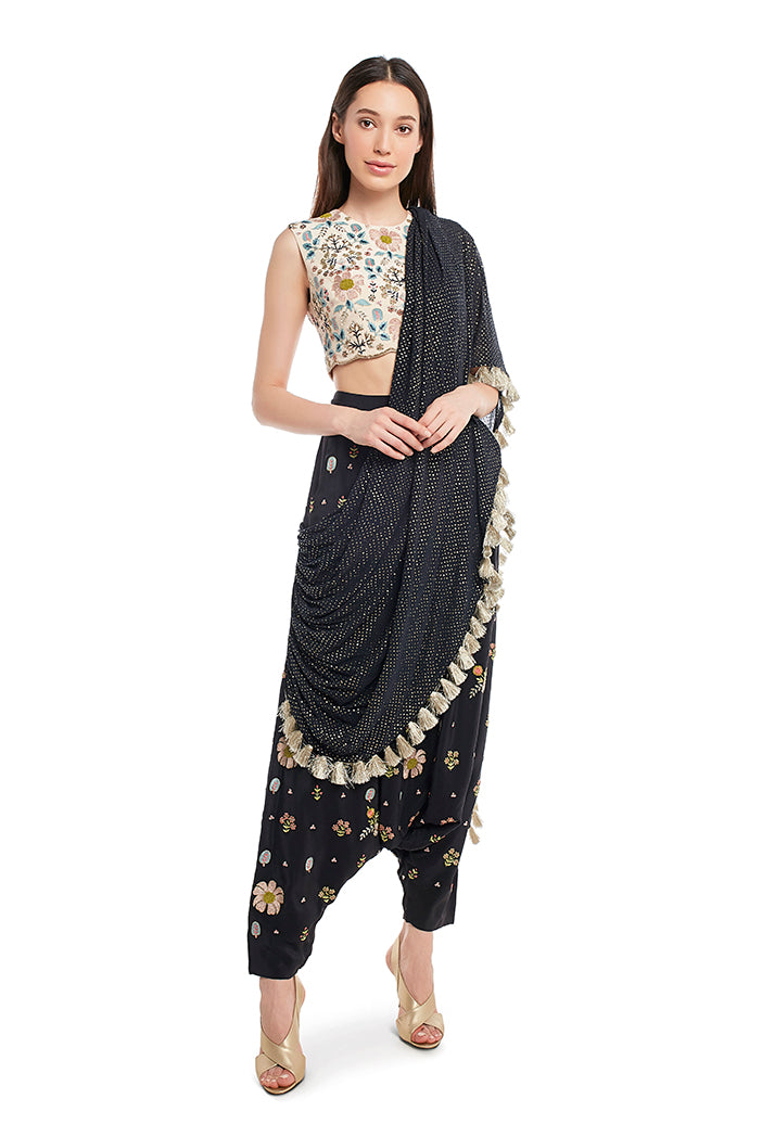 Stone Colour Crepe Choli and Black Colour Crepe Low Crotch Pant with Attached Mukaish Georgette Drape