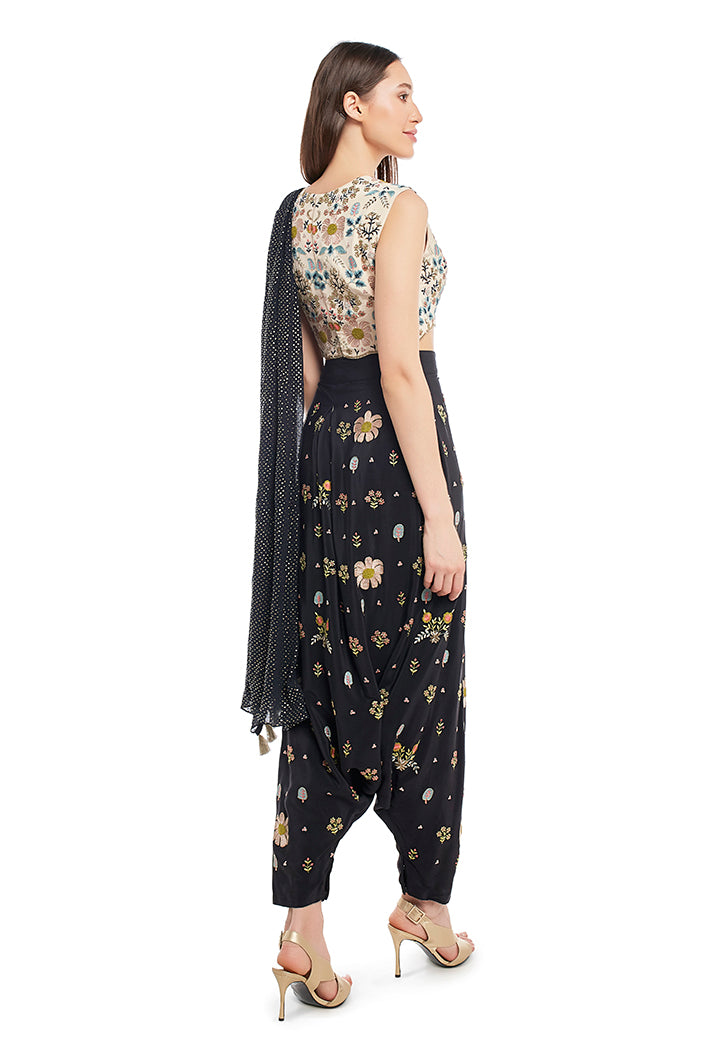 Stone Colour Crepe Choli and Black Colour Crepe Low Crotch Pant with Attached Mukaish Georgette Drape