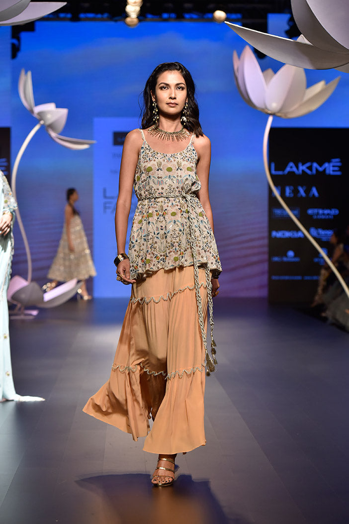 Gulsen Stone Georgette Top with Peach Crepe Sharara Pant and Gold Lace Belt