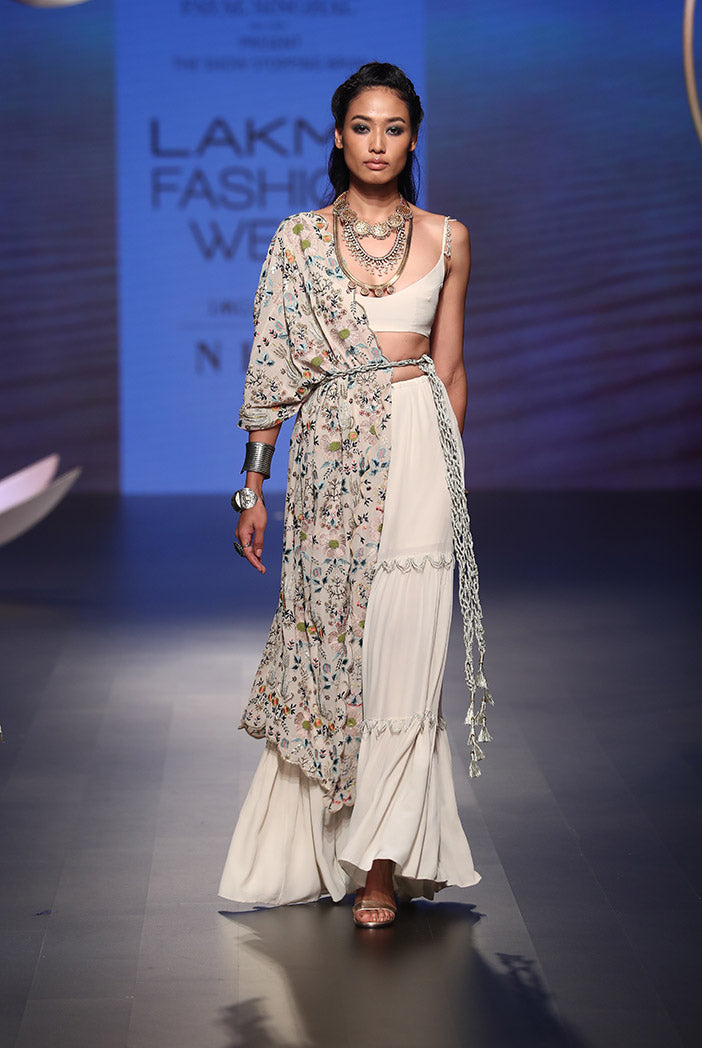 Zamira Stone Crepe Bustier and Sharara Pant with Georgette One Side Jacket and Gold Lace Belt