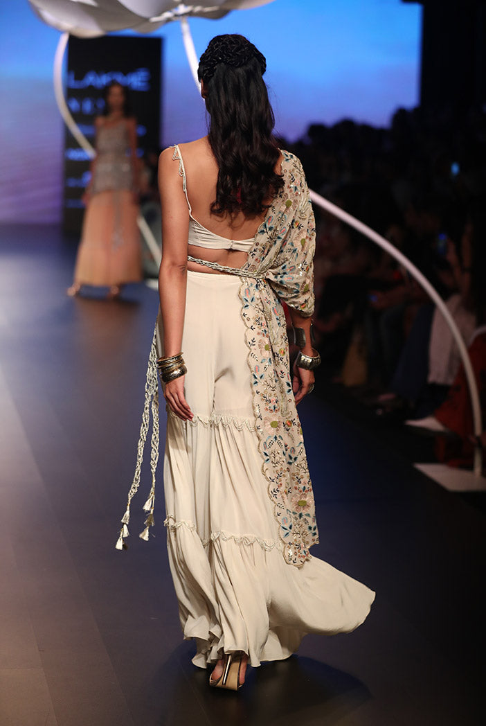 Zamira Stone Crepe Bustier and Sharara Pant with Georgette One Side Jacket and Gold Lace Belt