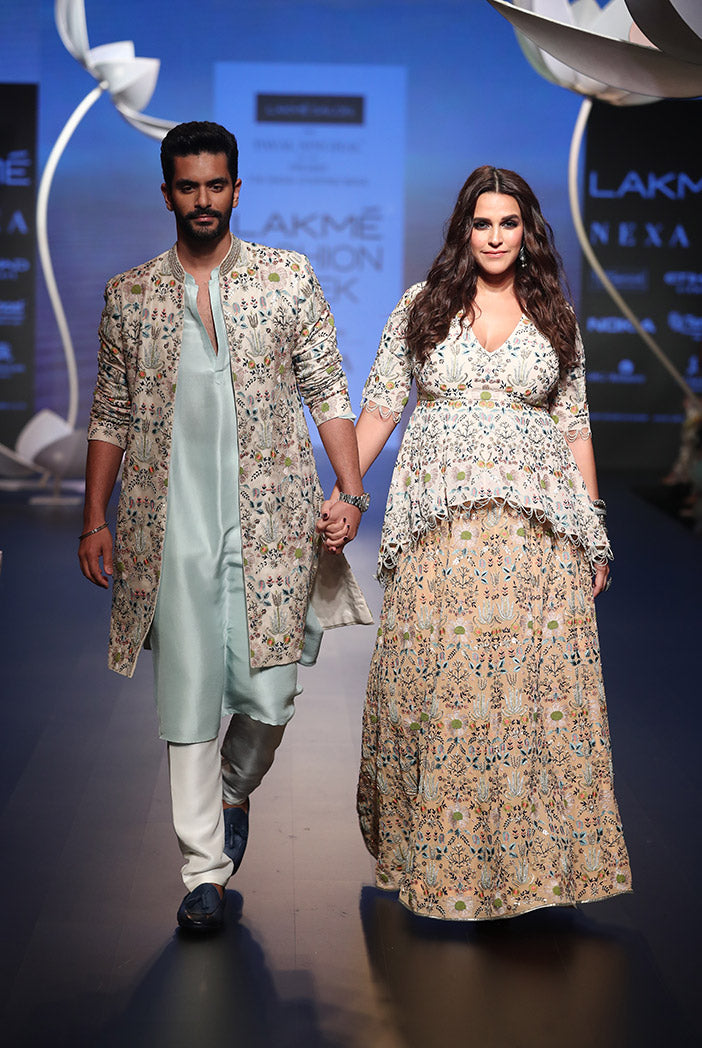 Tahir Ice Blue Silk Kurta with Off White Silk Pant and Stone Organza Jacket