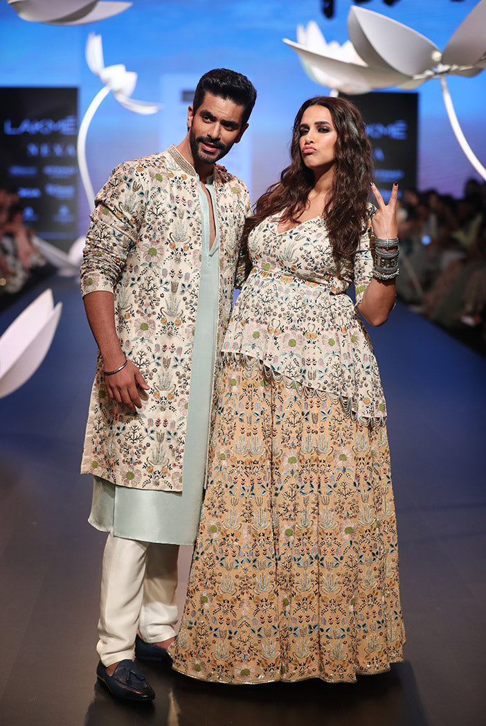 Tahir Ice Blue Silk Kurta with Off White Silk Pant and Stone Organza Jacket