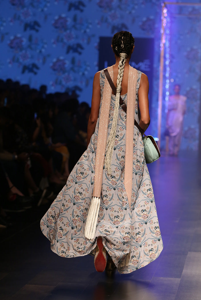Anira Powder Blue Printed Crepe High-Low Kurta with Frill Palazzo and Dusky Rose Mukaish Georgette Dupatta