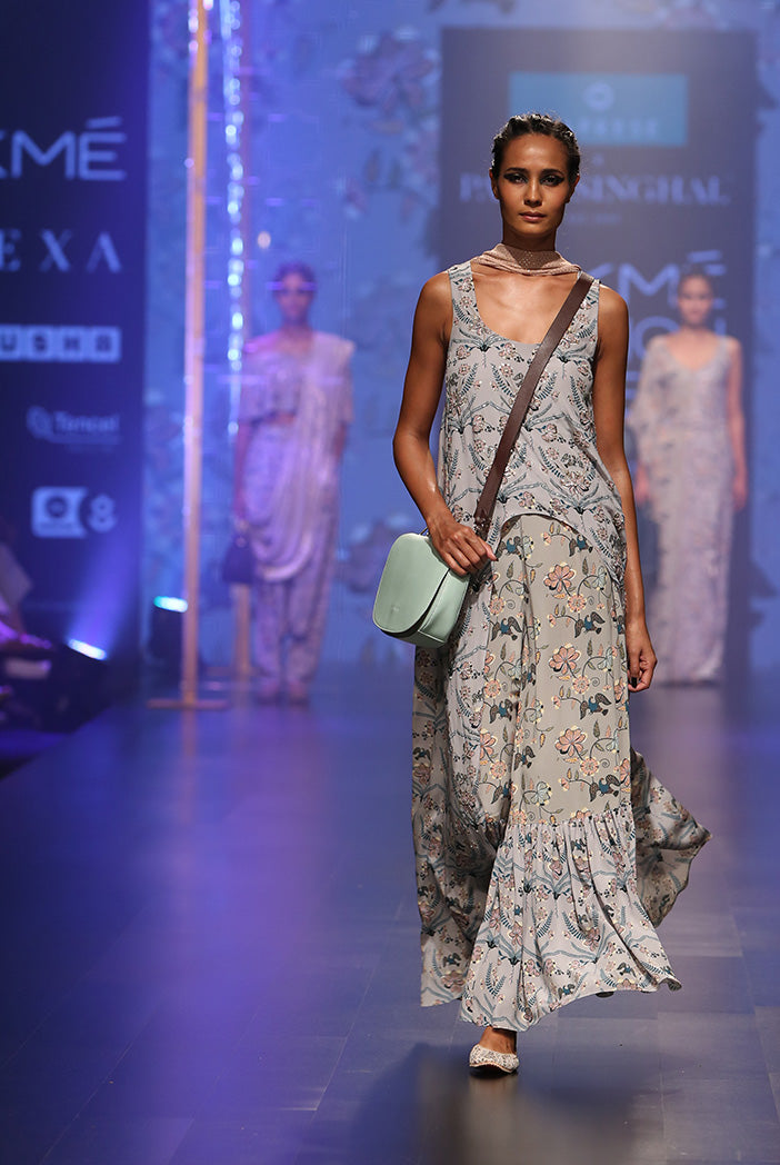 Anira Powder Blue Printed Crepe High-Low Kurta with Frill Palazzo and Dusky Rose Mukaish Georgette Dupatta
